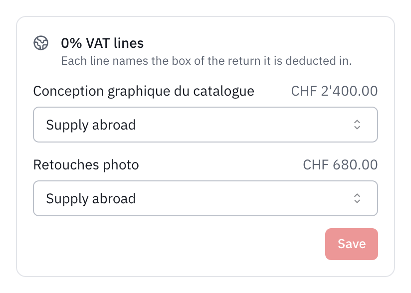 The 0% VAT lines panel of an invoice to a client in Germany: both lines classified as Supply abroad.
