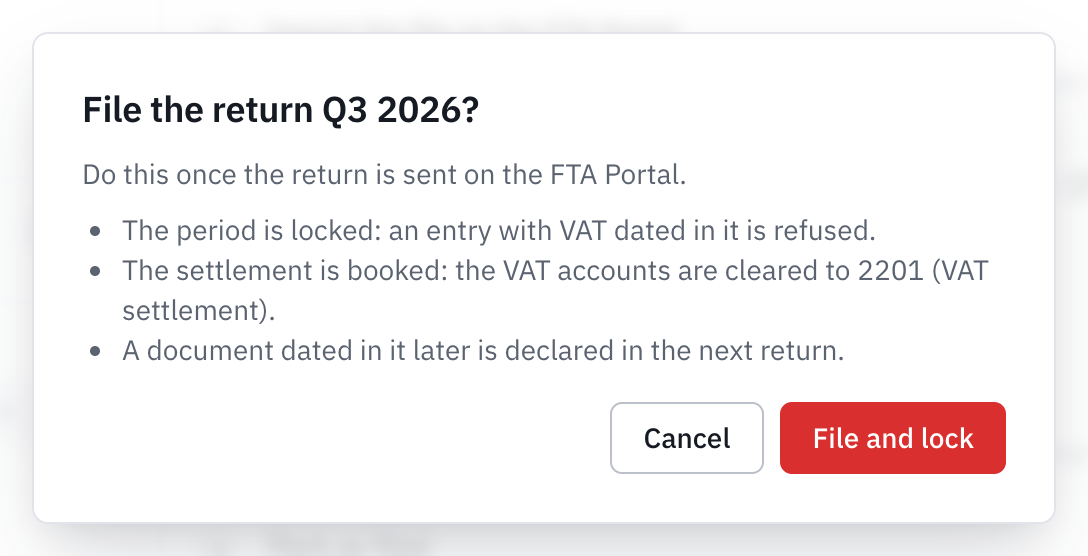 The File the Q3 2026 return? window: the period is locked, the settlement is posted, a late document goes into the next return.