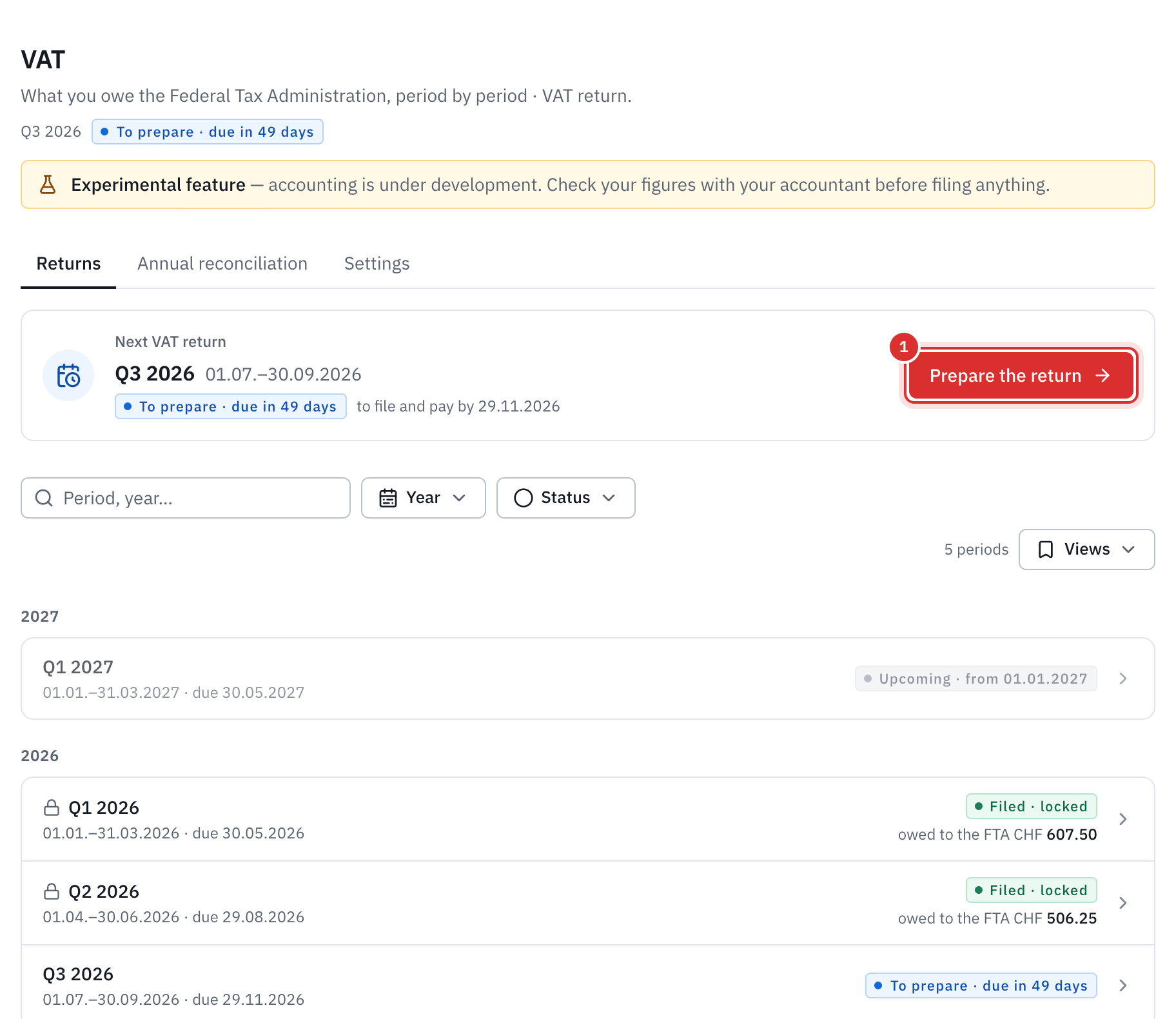 The Returns tab: the next return, Q3 2026, with the Prepare the return button, then the list of periods with their status.