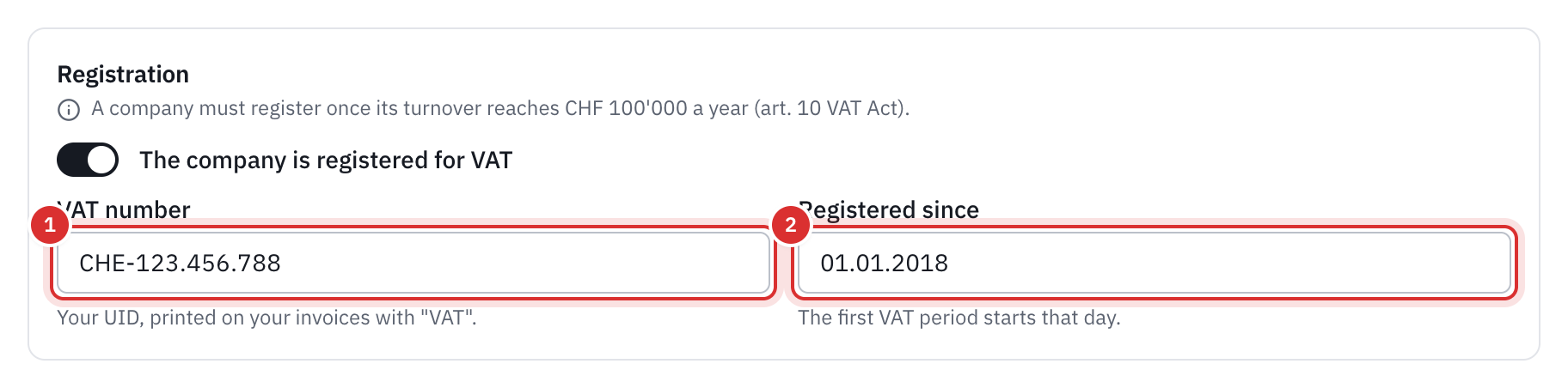 The Registration card: The company is registered for VAT switch, the VAT number and the registration date.
