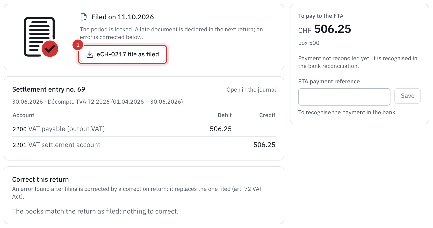 A filed return: the filing date, the eCH-0217 file as filed, the settlement entry, the amount paid and the Correct this return card.