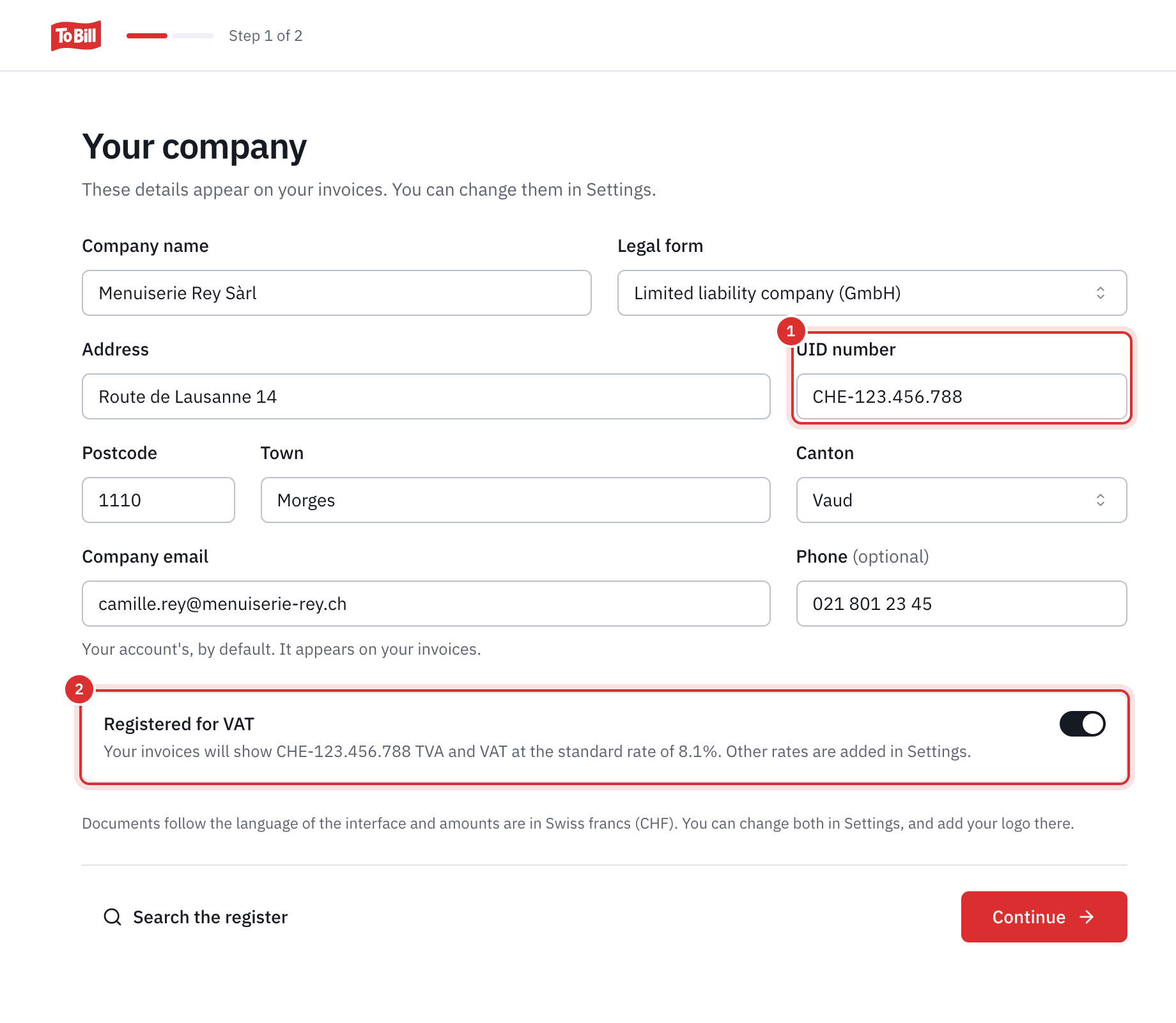 The Your company screen filled in by hand: name, GmbH legal form, address, UID number, postcode, town, canton of Vaud, email, phone and the Registered for VAT switch turned on.