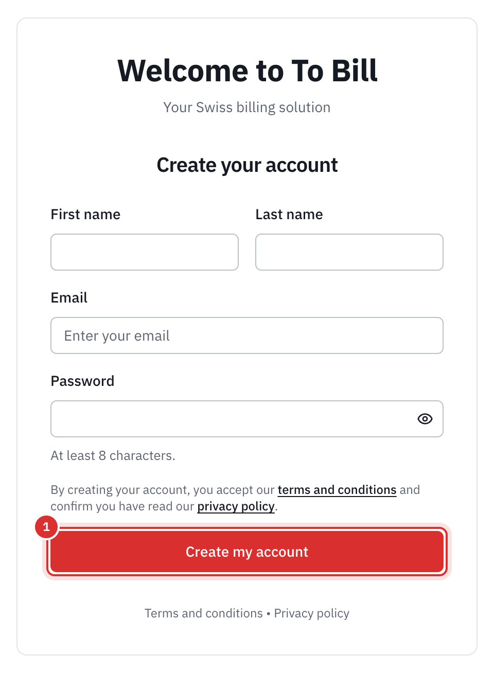 The Create your account form: first name, last name, email, password, the sentence about the terms and conditions and the Create an account button.
