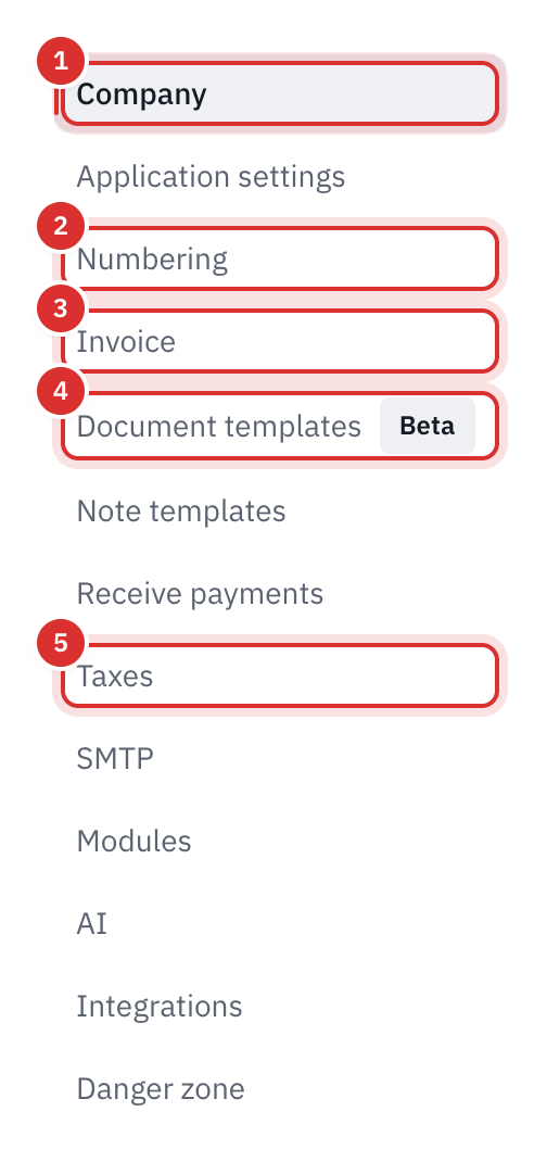 The settings menu, with Company, Numbering, Invoice, Document Templates and Taxes highlighted.