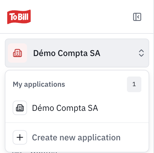 The company switcher open: My Applications, the current company and Create New Application.