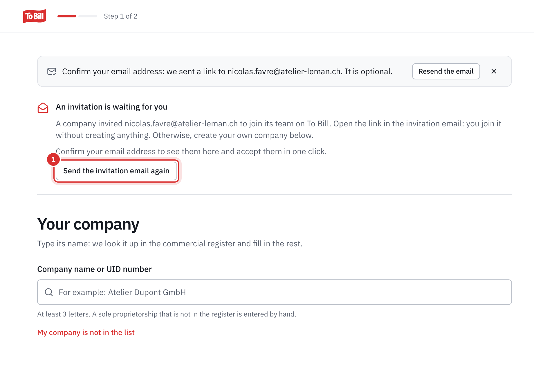 The Your company screen of an account just created: the reminder Confirm your email address, then An invitation is waiting for you, with the sentence about confirming the address and the Send the invitation e-mail again button.