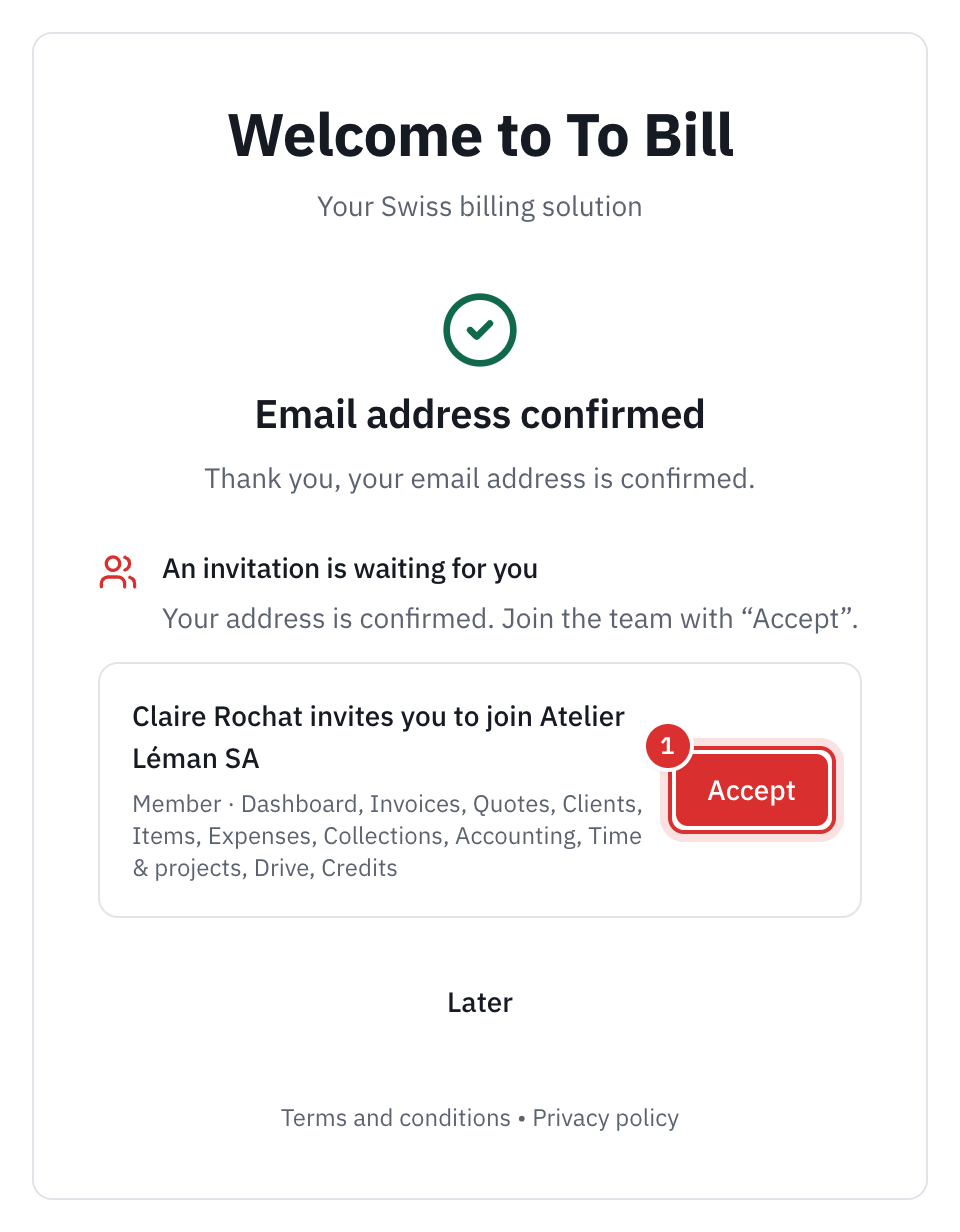 The Email address confirmed page: An invitation is waiting for you, Claire Rochat invites you to join Atelier Léman SA, the Member role and its areas, the Accept button and, under it, Later.