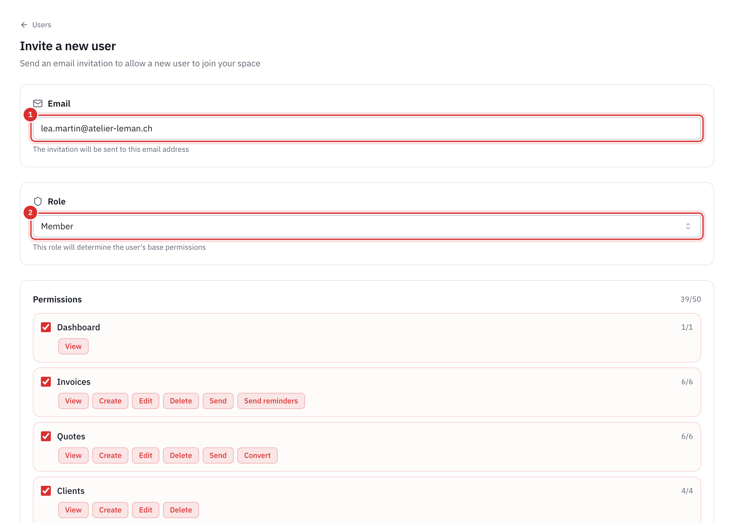 The Invite a new user page: the email, the Member role chosen and the permissions ticked by area.