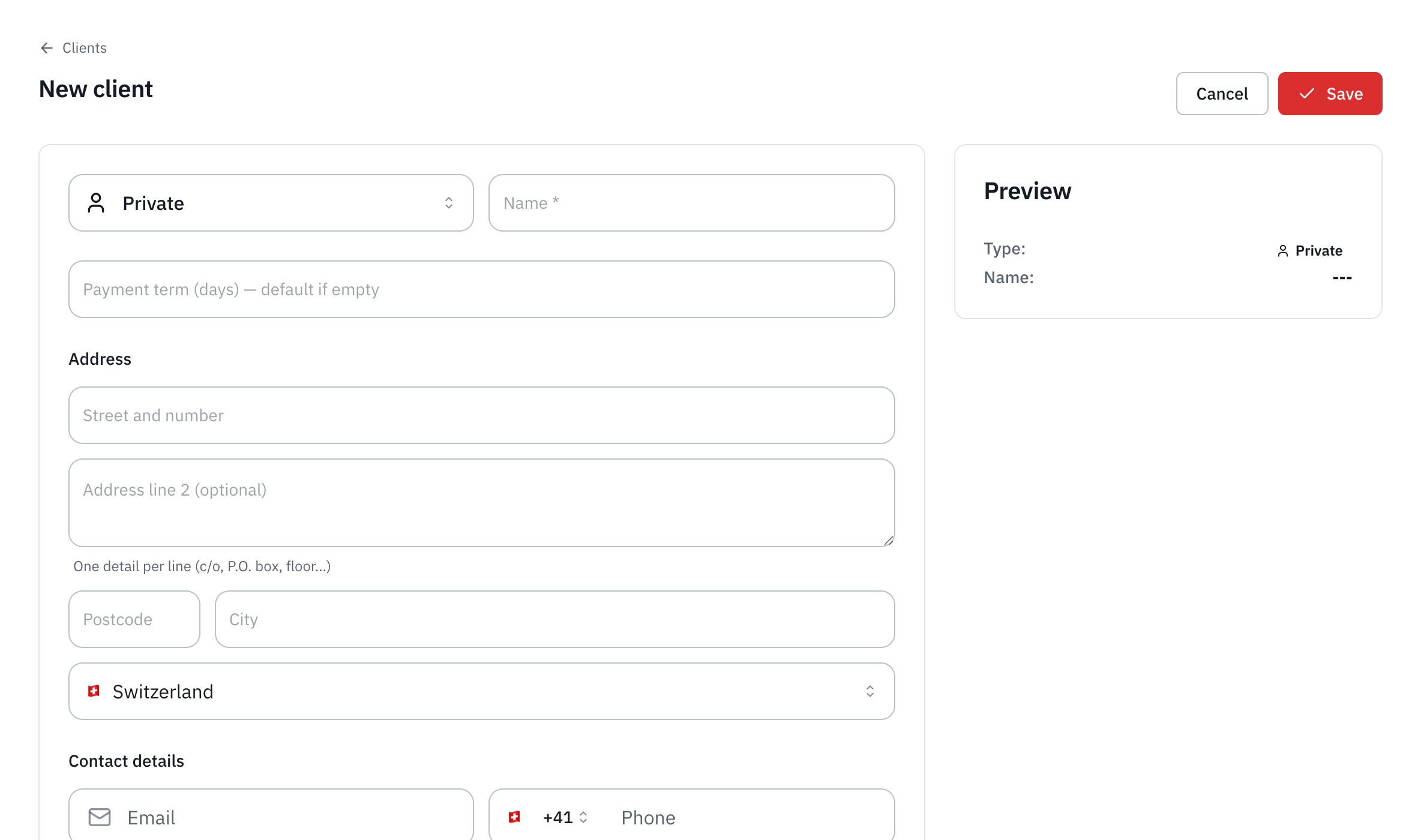 The New client form: the type, the name, the payment term, the address and the contact details, with the preview on the right.