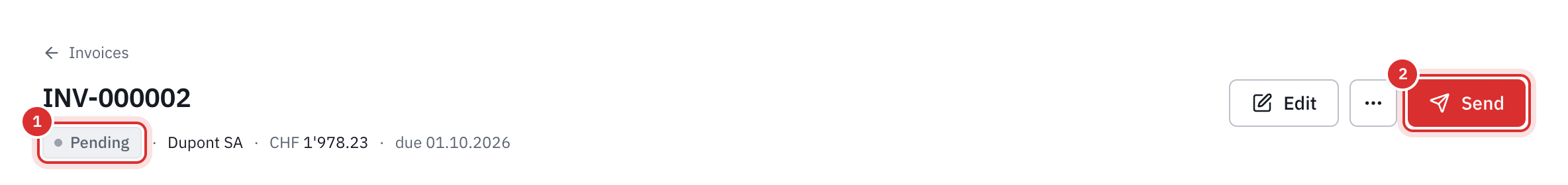 The header of an invoice’s page: its number, the Pending status, the client, the amount, and the Edit and Send buttons.