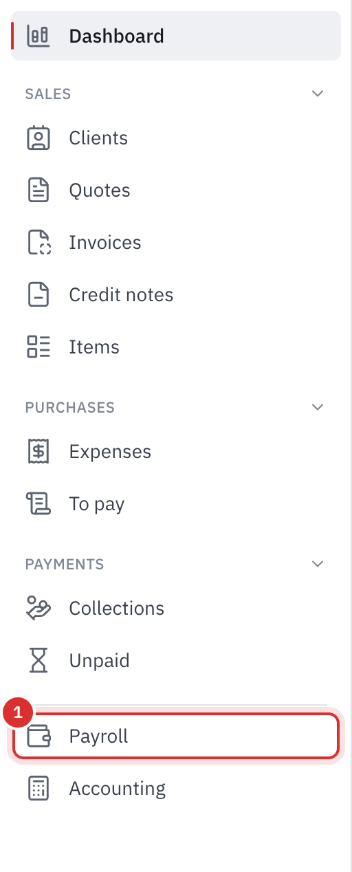 The left-hand menu: Sales, Purchases and Payments, then the new Payroll entry, before Accounting.