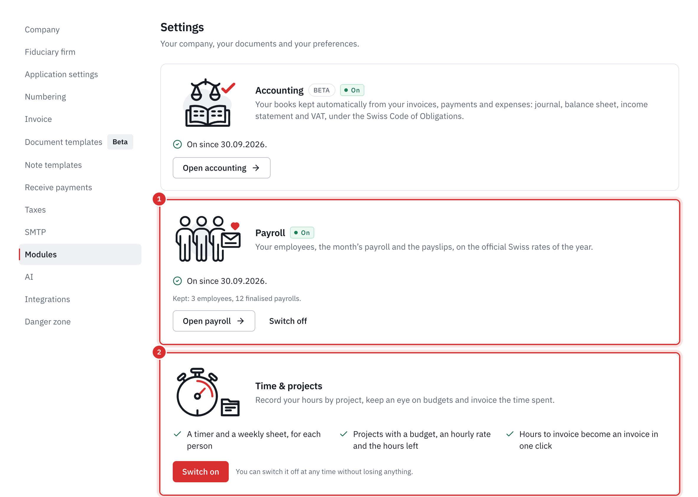 The Modules tab: accounting and payroll switched on, with Open and Switch off, and Time & projects with the Switch on button.