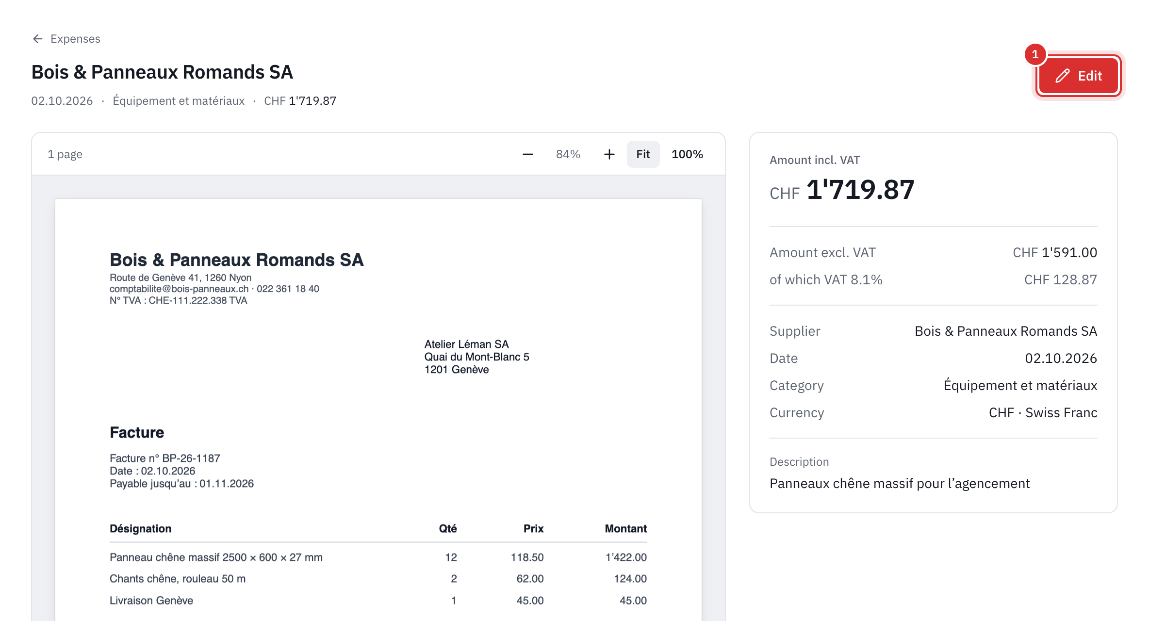 An expense’s page: the PDF receipt on the left, the amount incl. VAT, the amount excl. VAT, the VAT and the details on the right, with the Edit button.