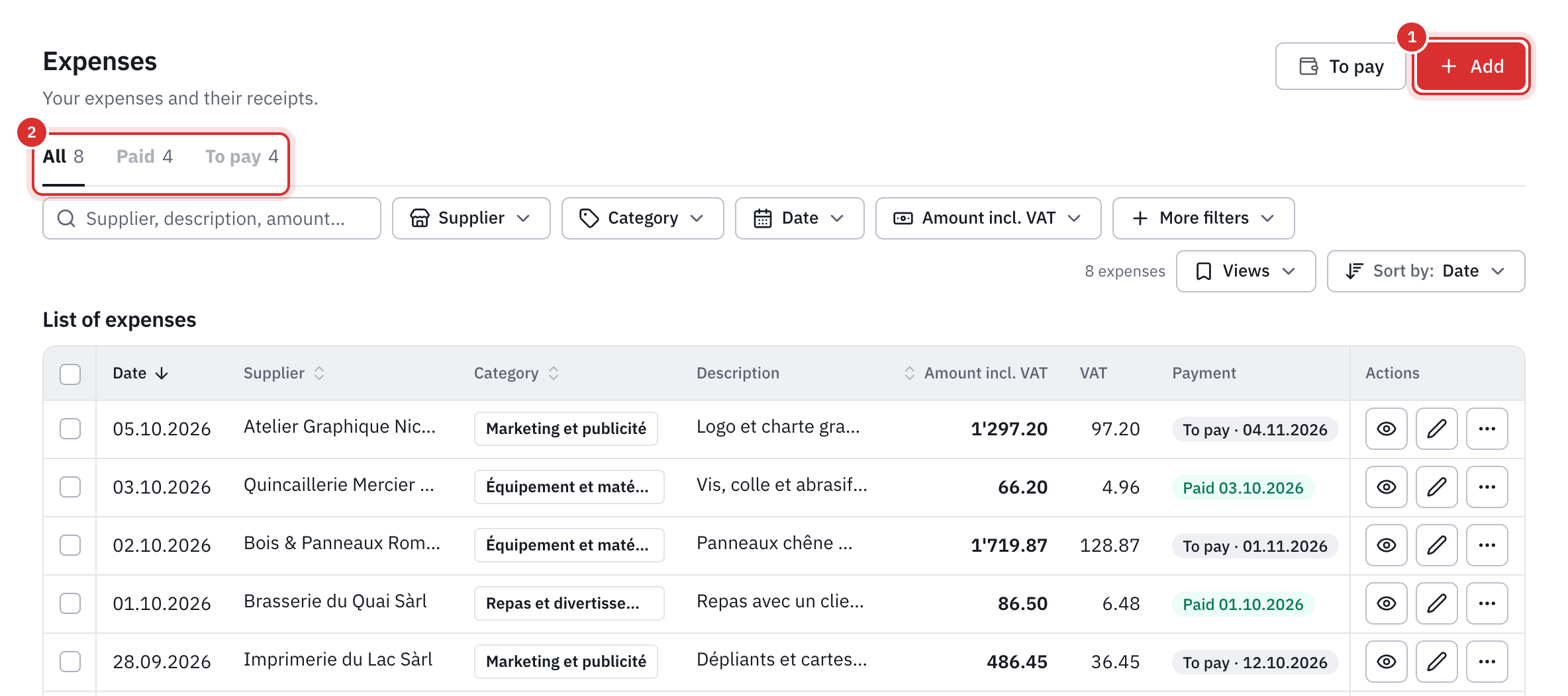 The list of expenses: the Add button, the All, Paid and To pay tabs, then the table with the supplier, the category, the amount incl. VAT, the VAT and the payment.