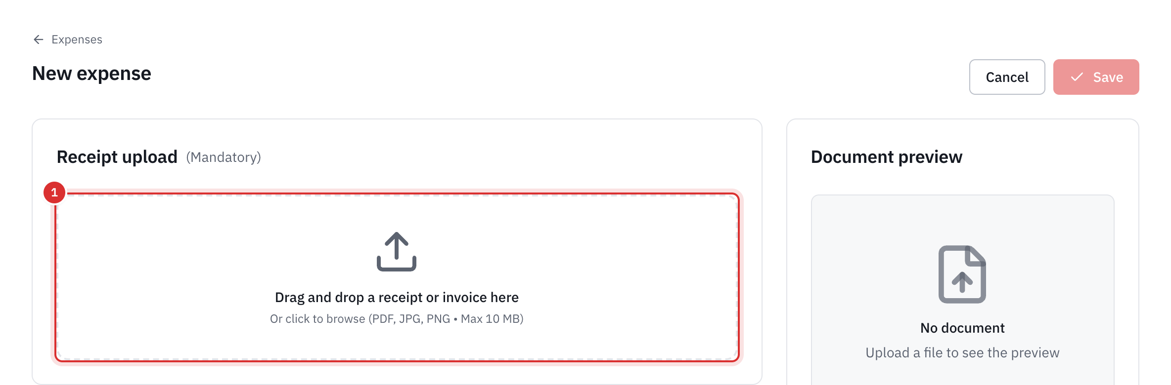 The New expense page: the Receipt upload box, marked Required, and the document preview on the right.