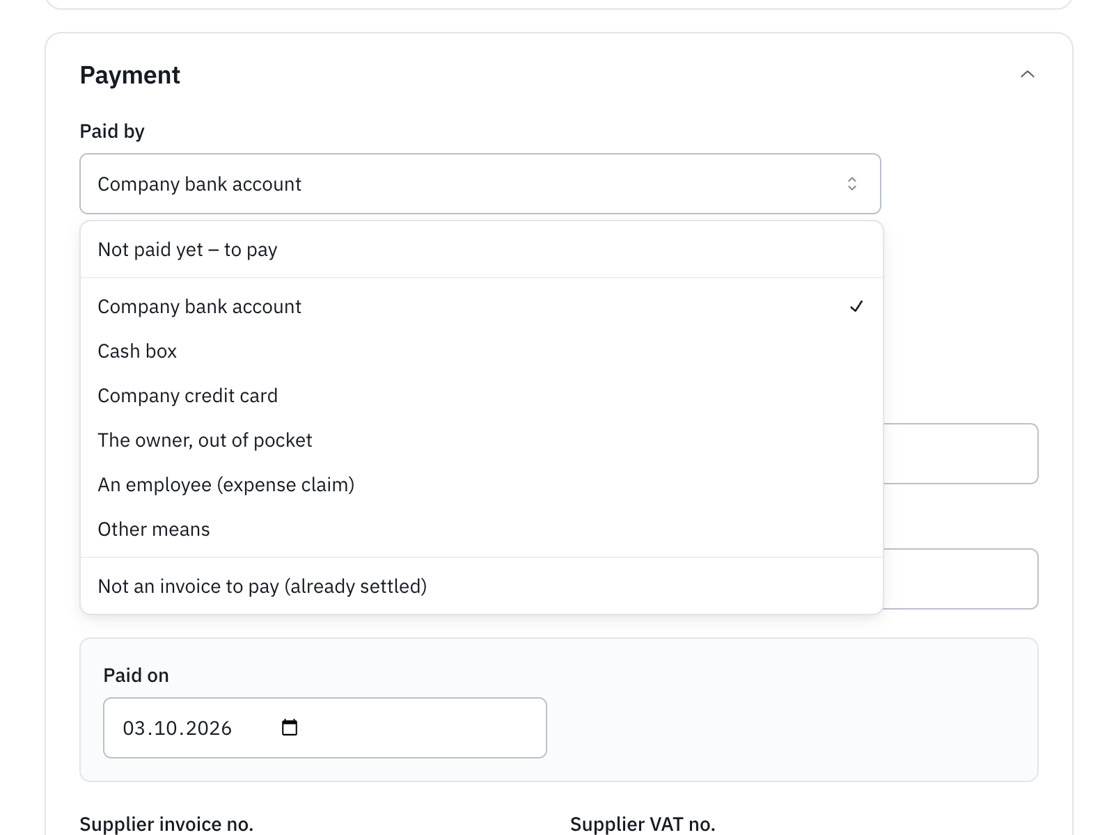 The Paid by list open: Not paid yet – to pay, Company bank account, Cash box, Company credit card, The owner, An employee, Other means and Not an invoice to pay.