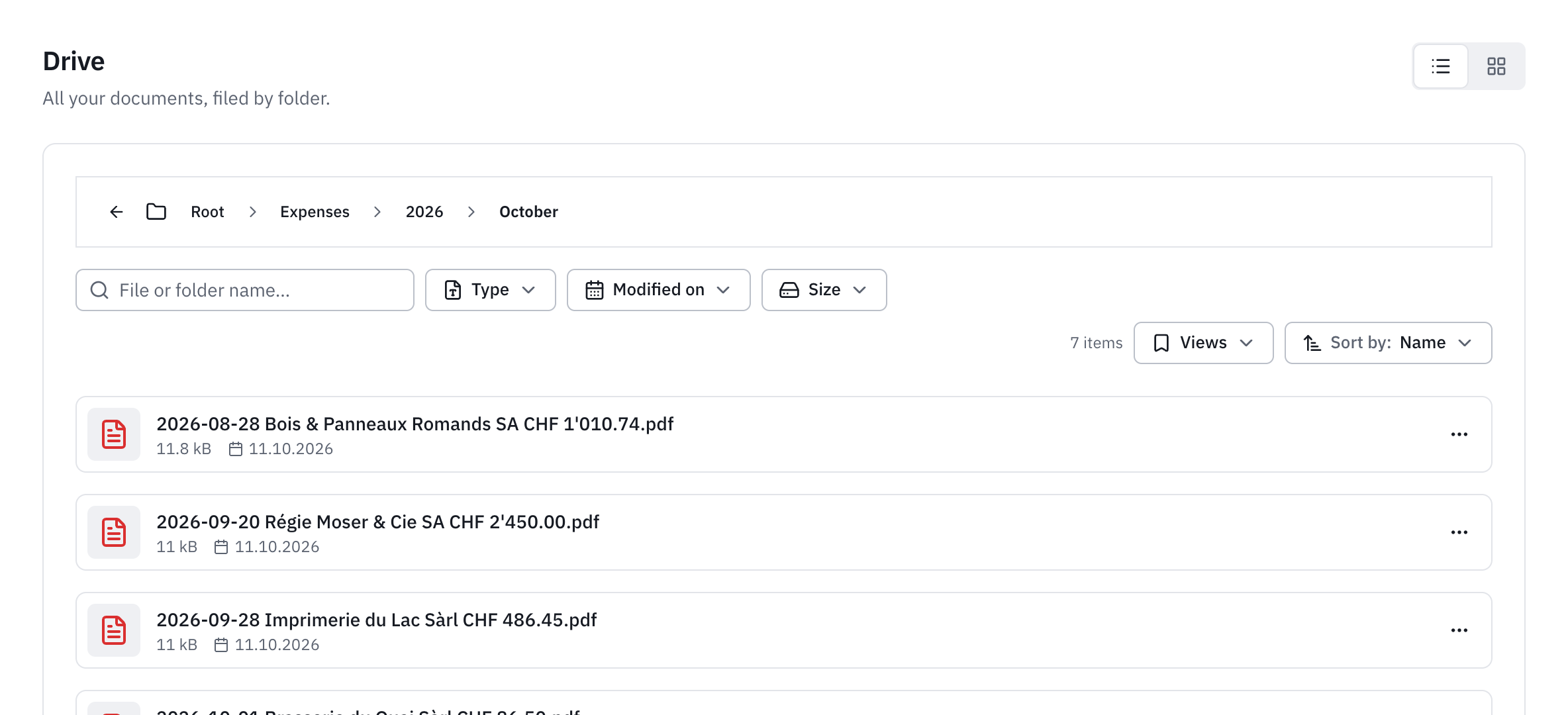 The October receipts folder, with the path Root › Expenses › 2026 › October: one PDF file per expense, named after its date, its supplier and its amount.