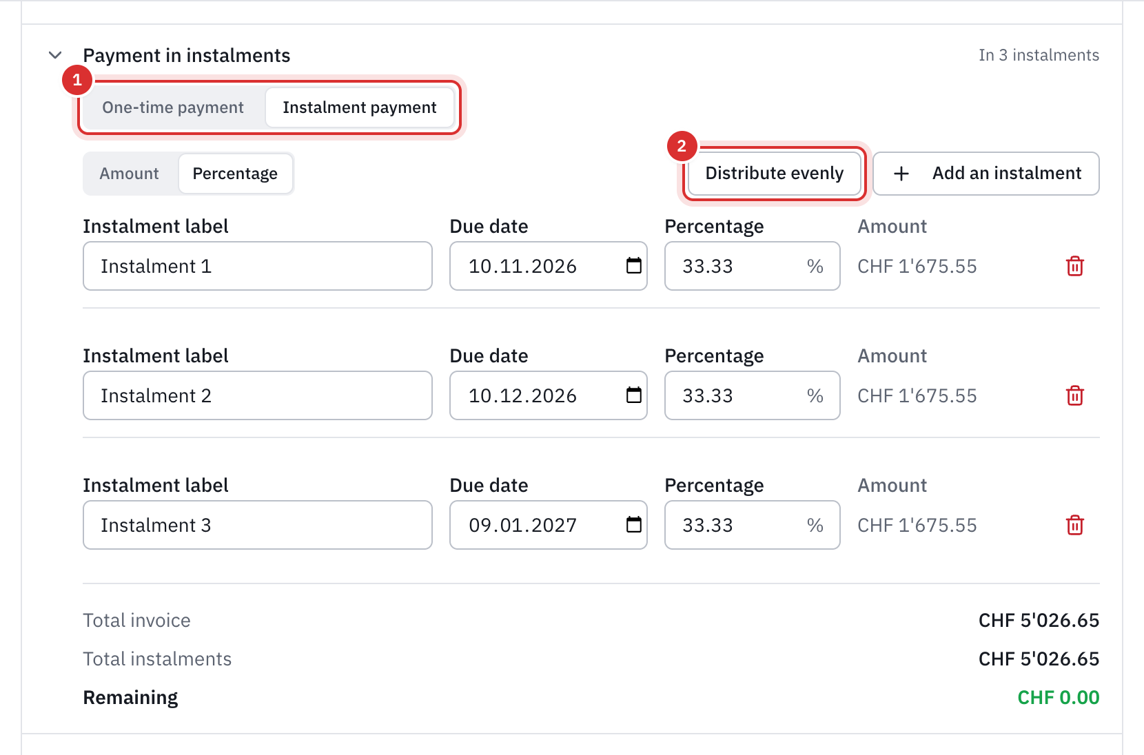 The Payment in installments option open, with Installment payment chosen: three instalments of 33.33% with their due dates and amounts, the invoice total and the remaining amount at 0.