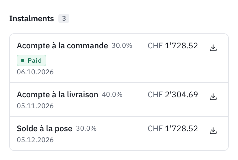 An invoice’s Installments section: the deposit on order paid, the instalment on delivery and the balance on installation with their due dates and amounts.
