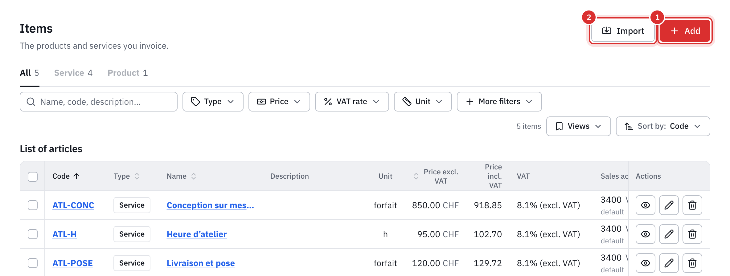 The item list with each item’s code, type, price excl. and incl. VAT, VAT and sales account.