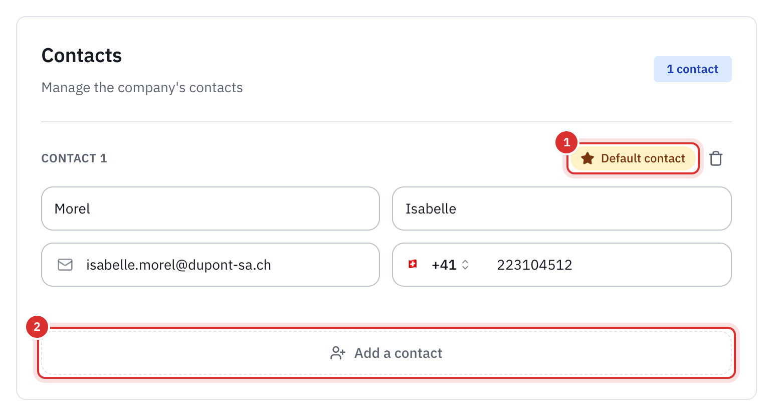 The Contacts section of a company’s record, with a default contact and the Add contact button.