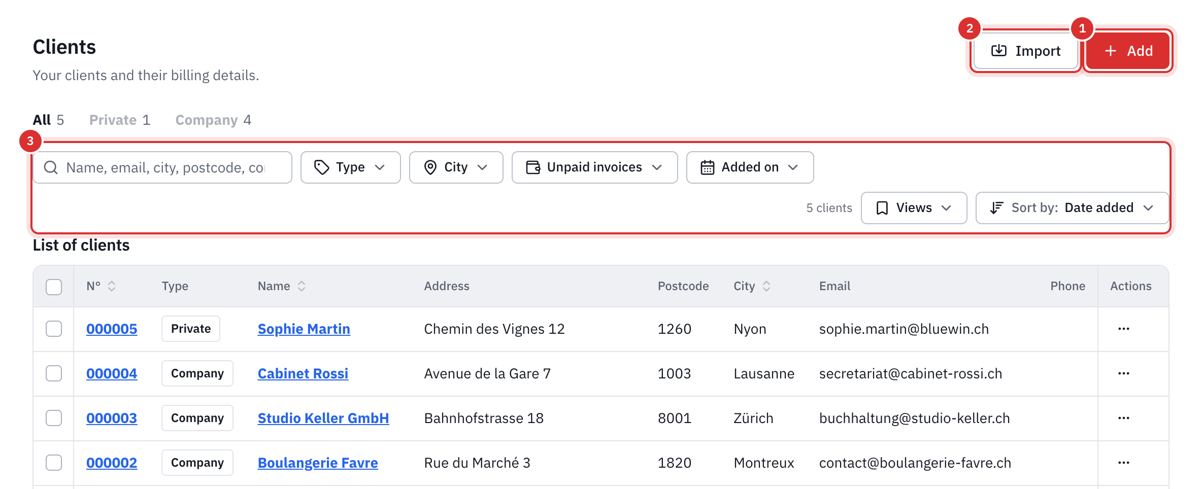The client list: the Add and Import buttons, the All, Private and Company tabs, the search and filter bar, then the table.