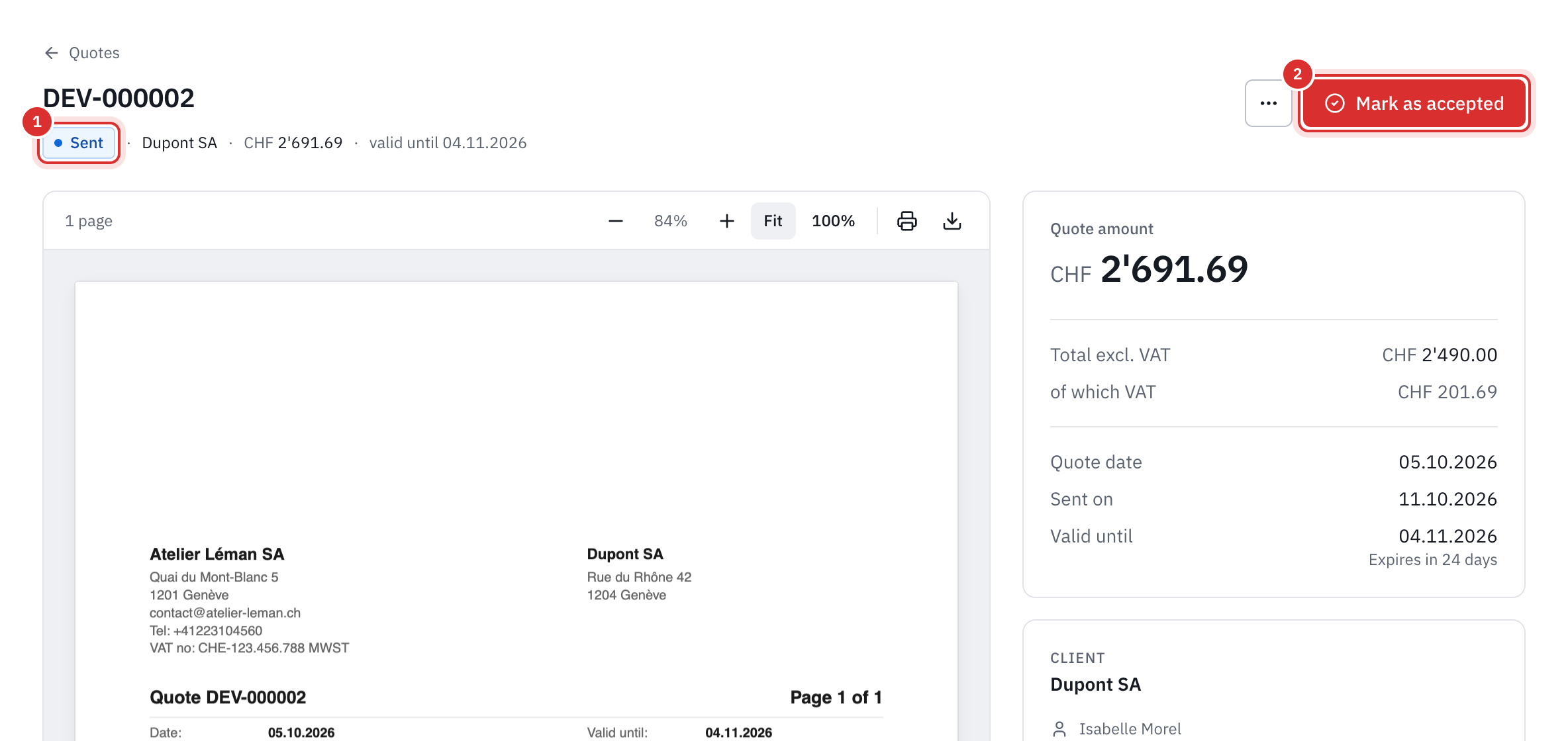 The page of a sent quote: the Sent status, the Mark as accepted button, the PDF preview and the quote’s amount.
