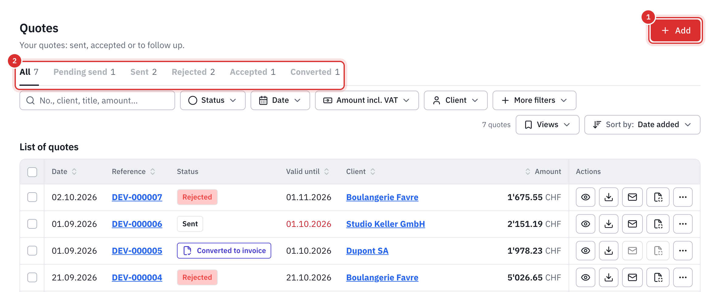 The quote list with the Add button and the tabs by status: All, Pending send, Sent, Rejected, Accepted, Converted.