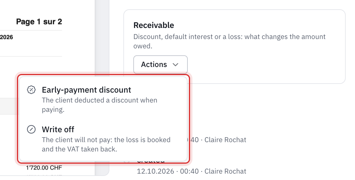 An invoice’s Receivable panel with the Actions menu open: Early-payment discount and Write off.