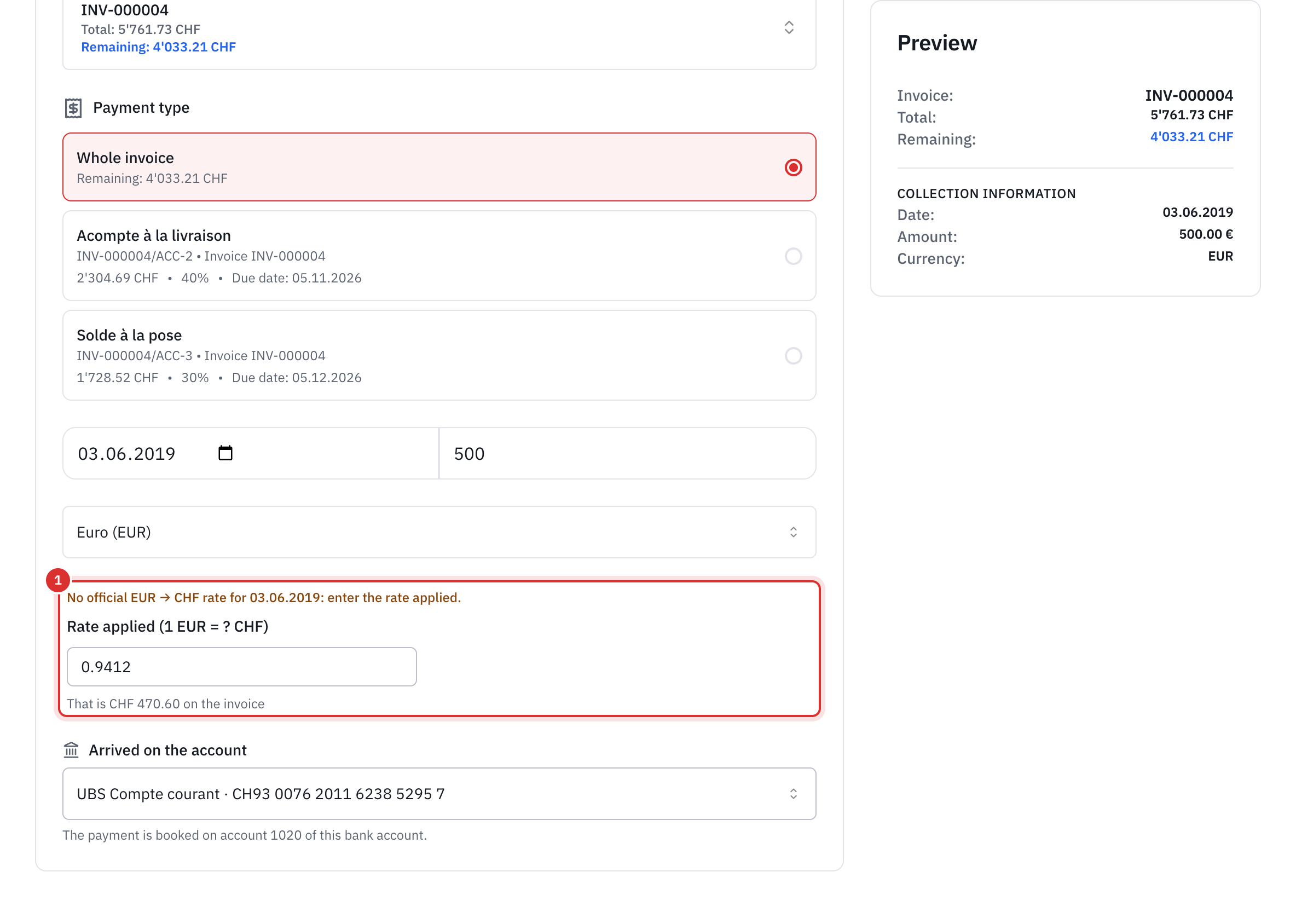 The same form for a day without an official rate: the message No official EUR → CHF rate, the Rate applied field filled in and the amount settled in francs.
