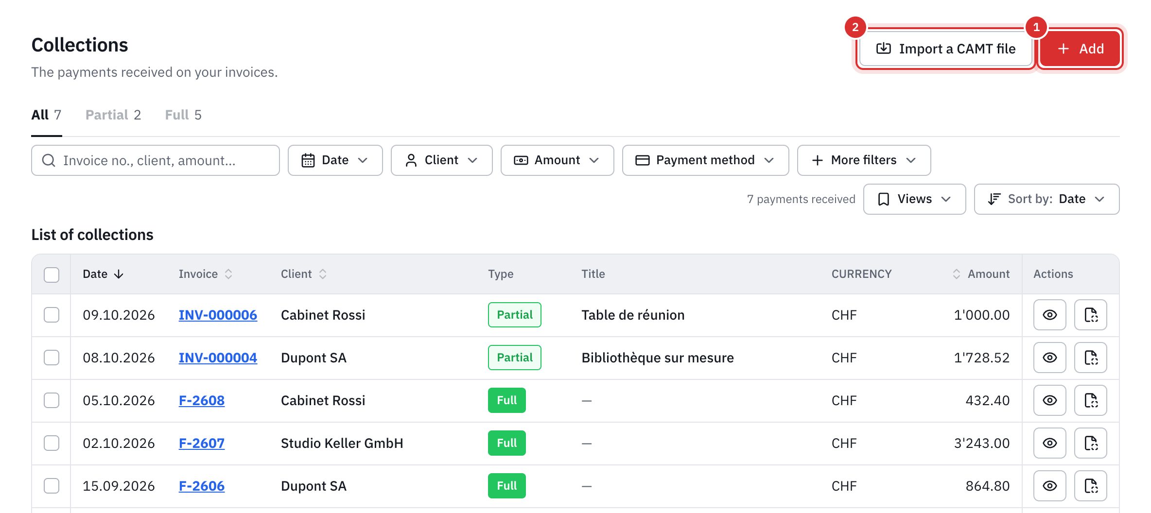 The collections list: the Add and Import a CAMT file buttons, the All, Partial and Full tabs, the filters and the table of payments.