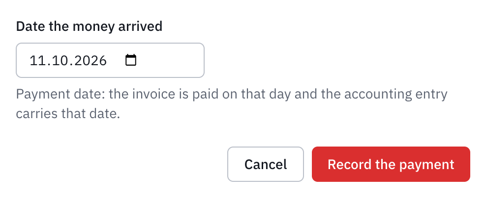The Mark the invoice as paid window, with the date the money arrived and the Record the payment button.