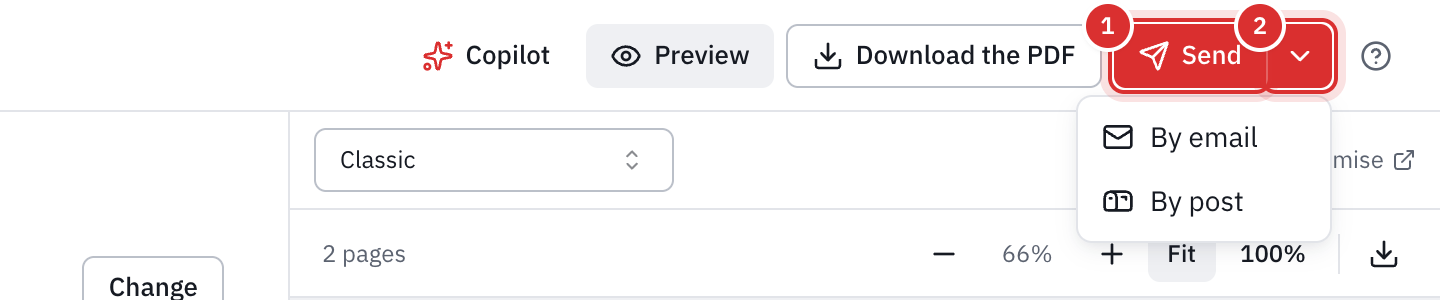 The top of an invoice’s editor: the Send button with its arrow open, showing By e-mail and By post.