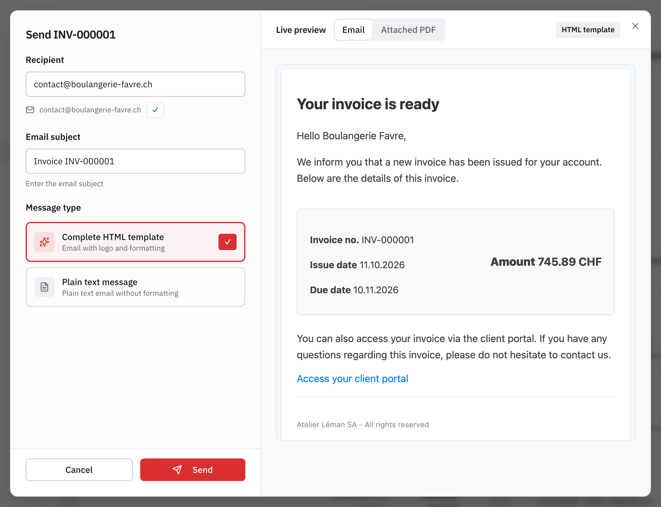 The sending window: the recipient, the other contacts, the subject, the message type and the preview of the email with the link to the client portal.