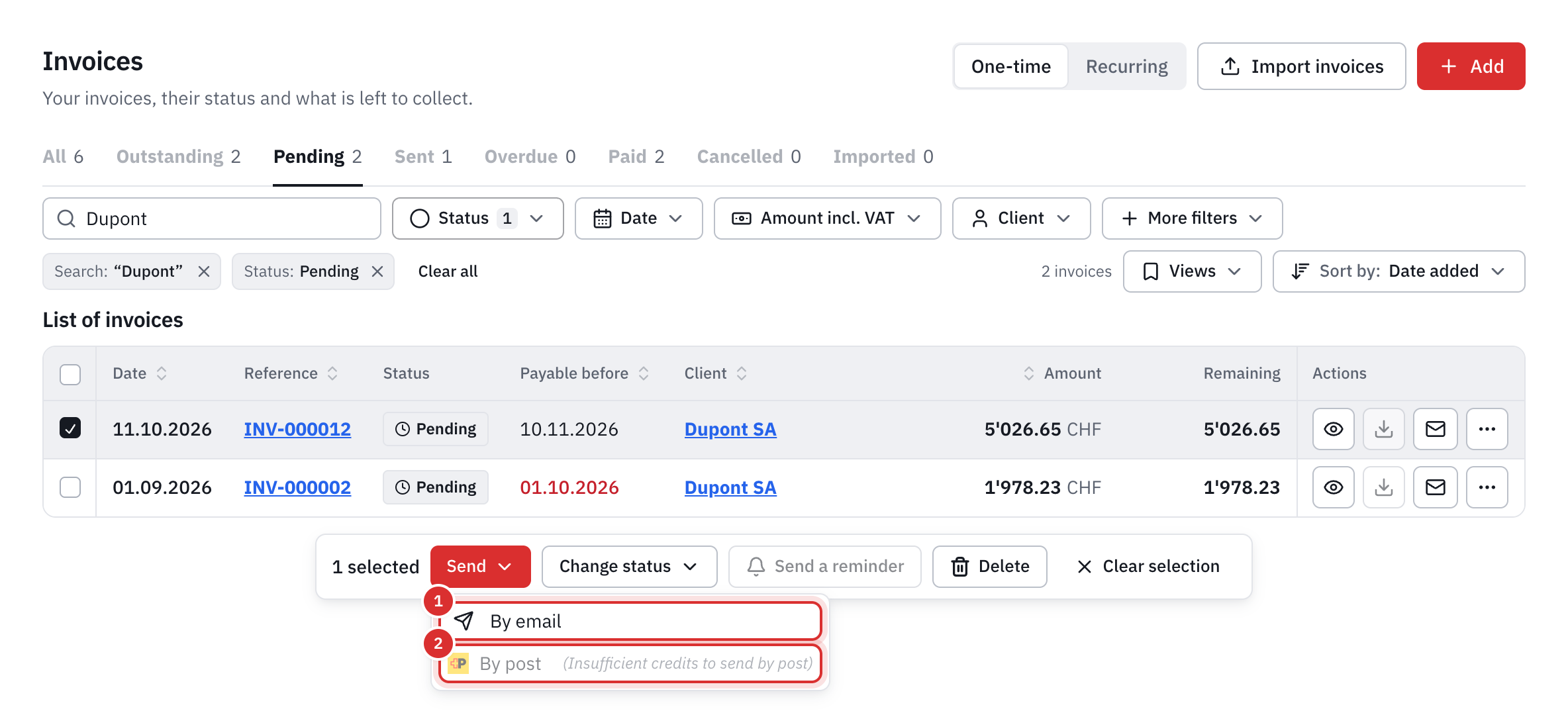 The invoice list with one invoice ticked and the Send menu open: By email and By post.