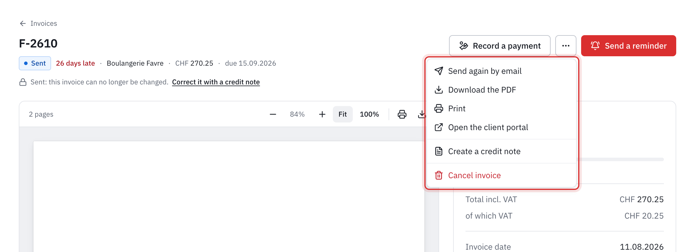 The More actions menu of a sent invoice: Send again by email, Download the PDF, Print, Open the client portal, Create a credit note and Cancel invoice.
