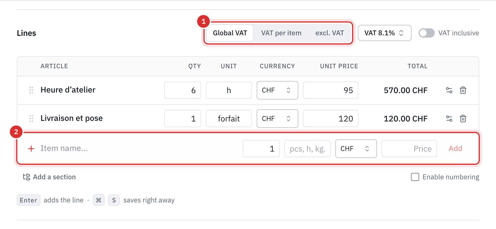 The Lines part with the choice of Global VAT, VAT per item or Tax-free, two lines, the line for adding one and the reminder of the Enter and ⌘ S keys.