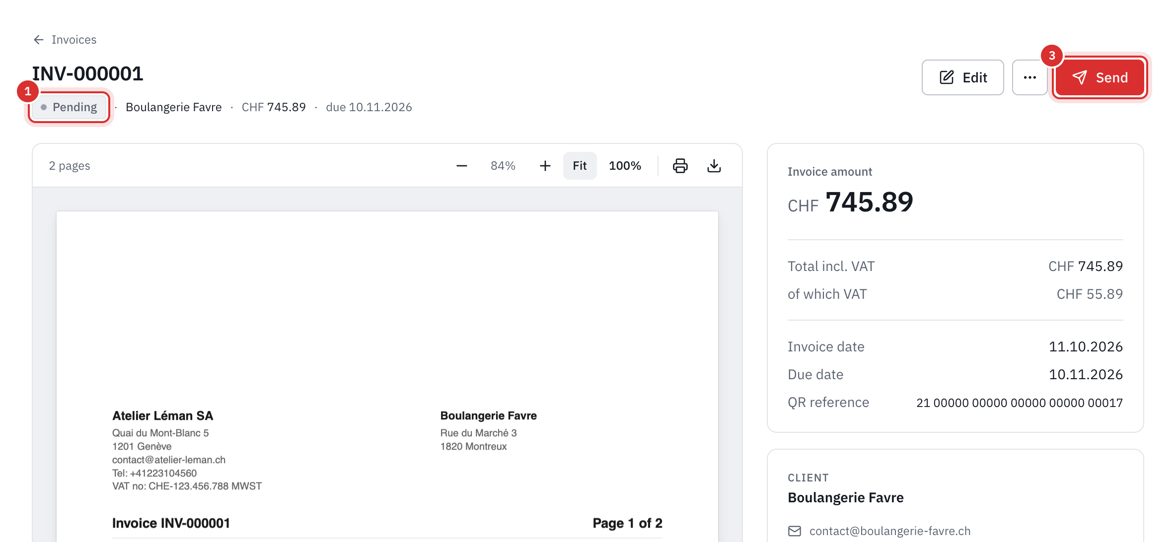 The page of a pending invoice: its status, the Edit and Send buttons, the PDF preview, the amount, the dates and the QR reference.