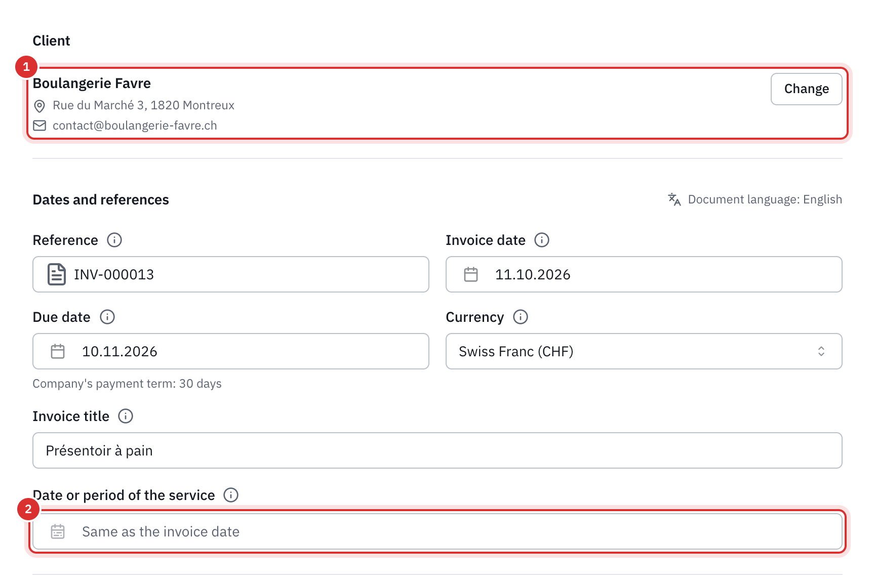 The Client and Dates and references parts: the chosen client with their address, the reference, the invoice and due dates with the client’s payment terms, the currency, the title and the Date or period of the service field.