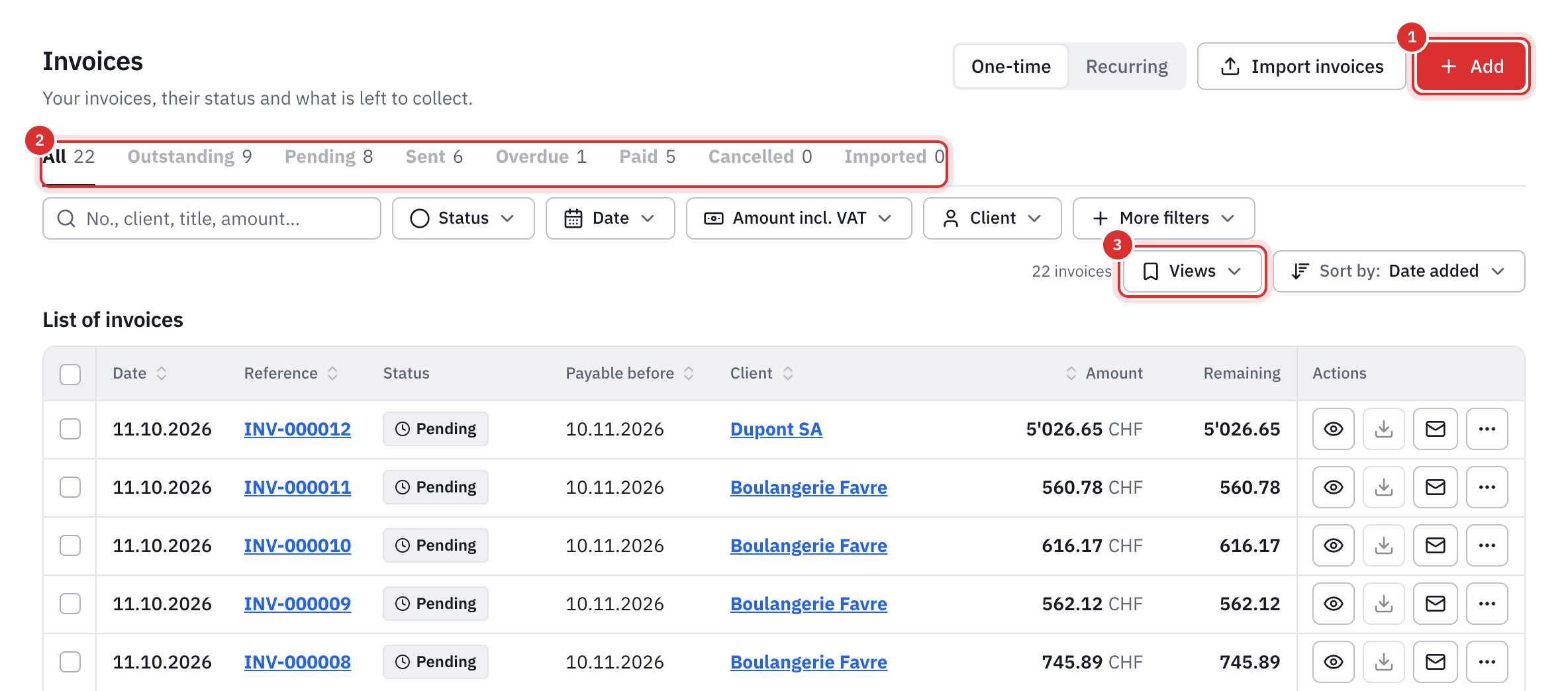 The invoice list: the Add button, the tabs by status, the filter bar and the table with the date, reference, status, due date, client, amount and amount remaining.