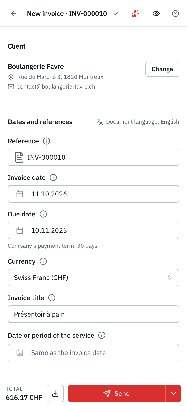 The editor on a phone: the client and the dates in one column, the preview eye at the top, and at the bottom the total, the download and the Send button.