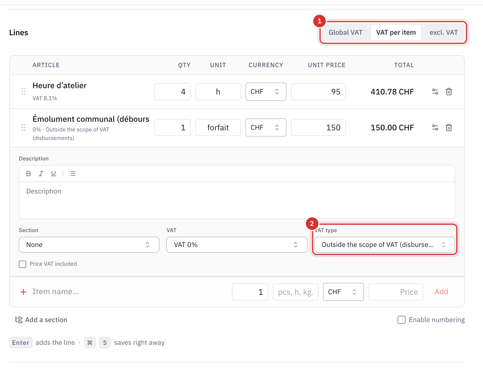 A line at 0% opened: the VAT rate and the VAT type Outside the scope of VAT (disbursements).