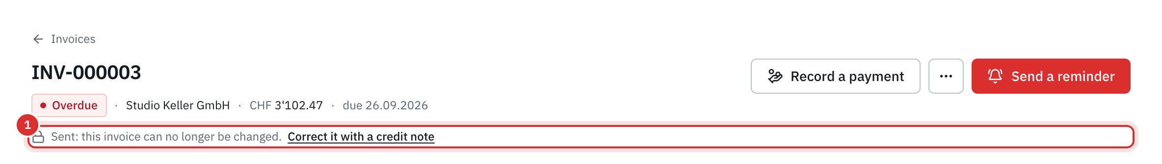 The header of an overdue invoice, with the message Sent: this invoice can no longer be changed and the link Correct it with a credit note.
