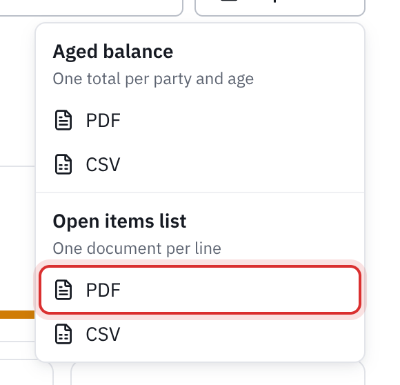The Export menu: Aged balance as PDF or CSV, Open items list as PDF or CSV.