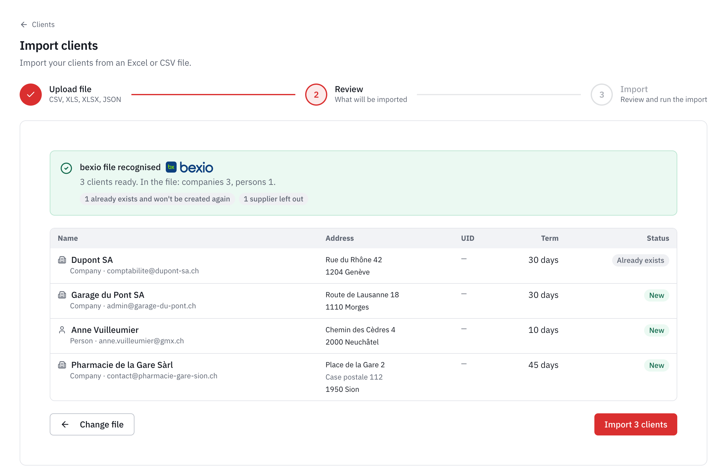 The import preview of a bexio contacts export: file recognised, one existing client, one supplier left aside, and three new clients with their address and payment terms.