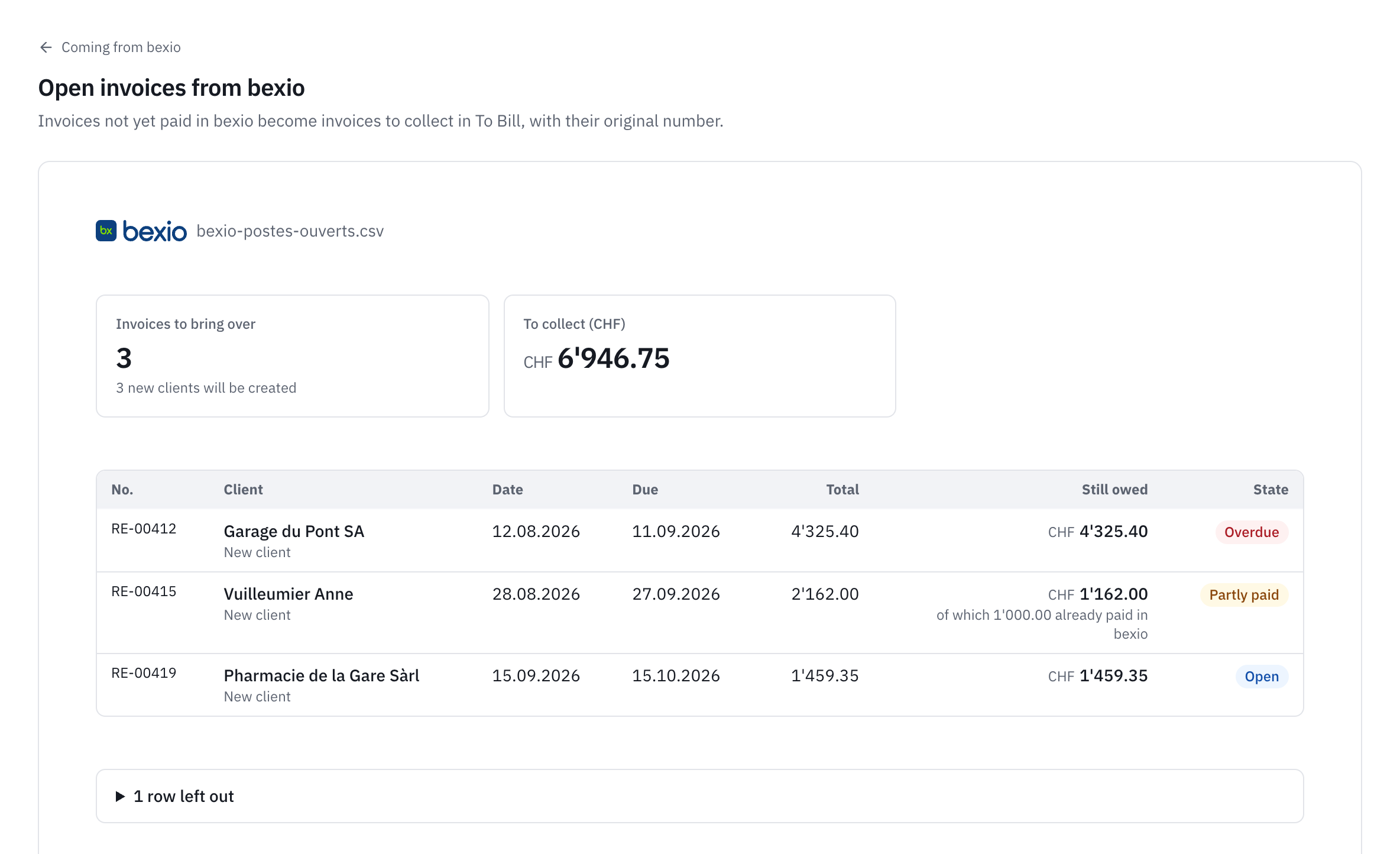 The preview of the open invoices from bexio: three invoices to bring over with their client, dates, total, amount still owed and state, one of them partly paid.