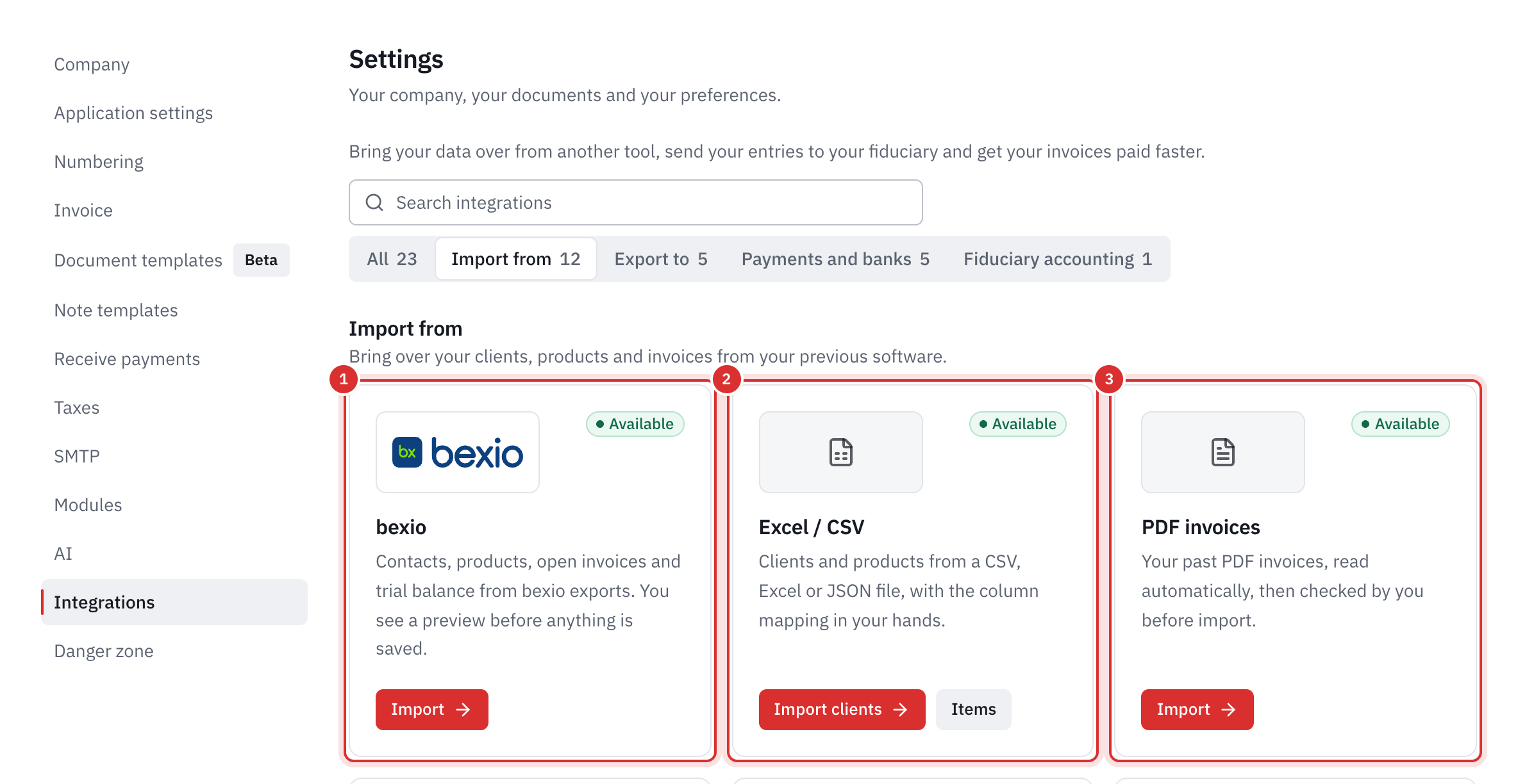 Settings, Integrations, Import from category: the bexio, Excel / CSV and PDF invoices cards, available.