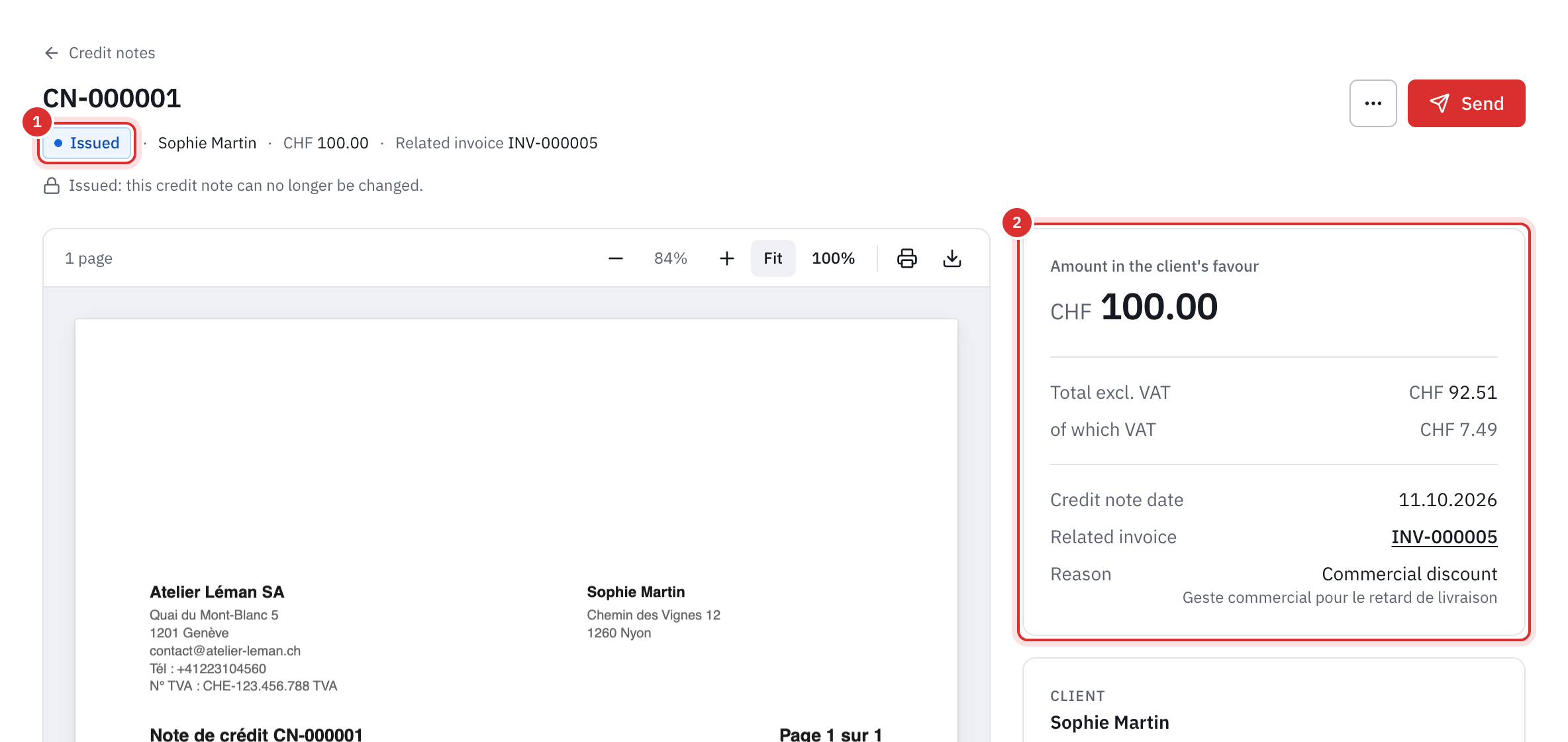 The page of an issued credit note: its Issued status, the Send button, the amount in the client’s favour, the total excl. VAT, the VAT, the related invoice, the reason and the PDF preview.