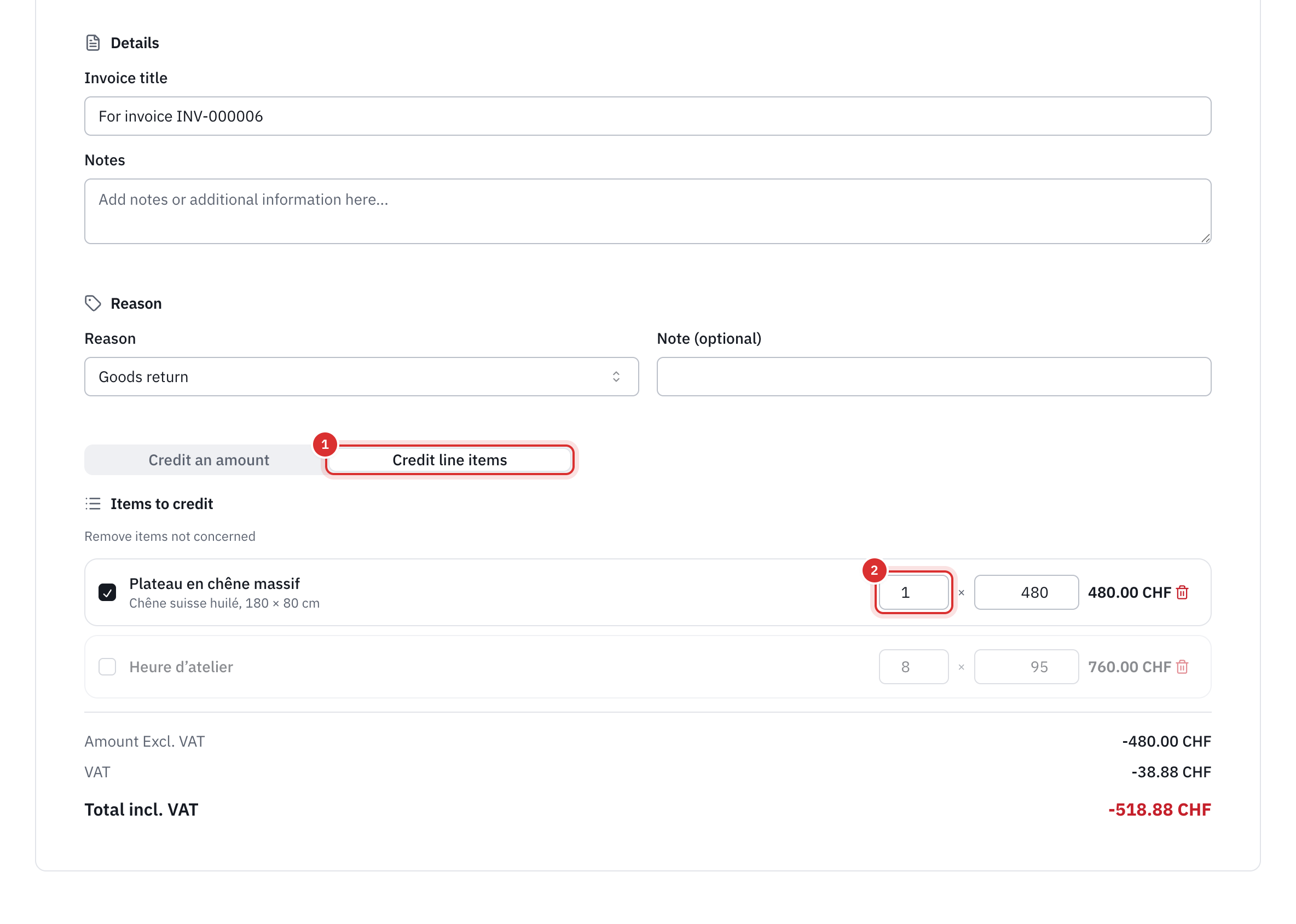 The Credit line items tab: one tray out of two credited, the hours line unticked, and the totals excl. VAT, VAT and incl. VAT shown as negative amounts.