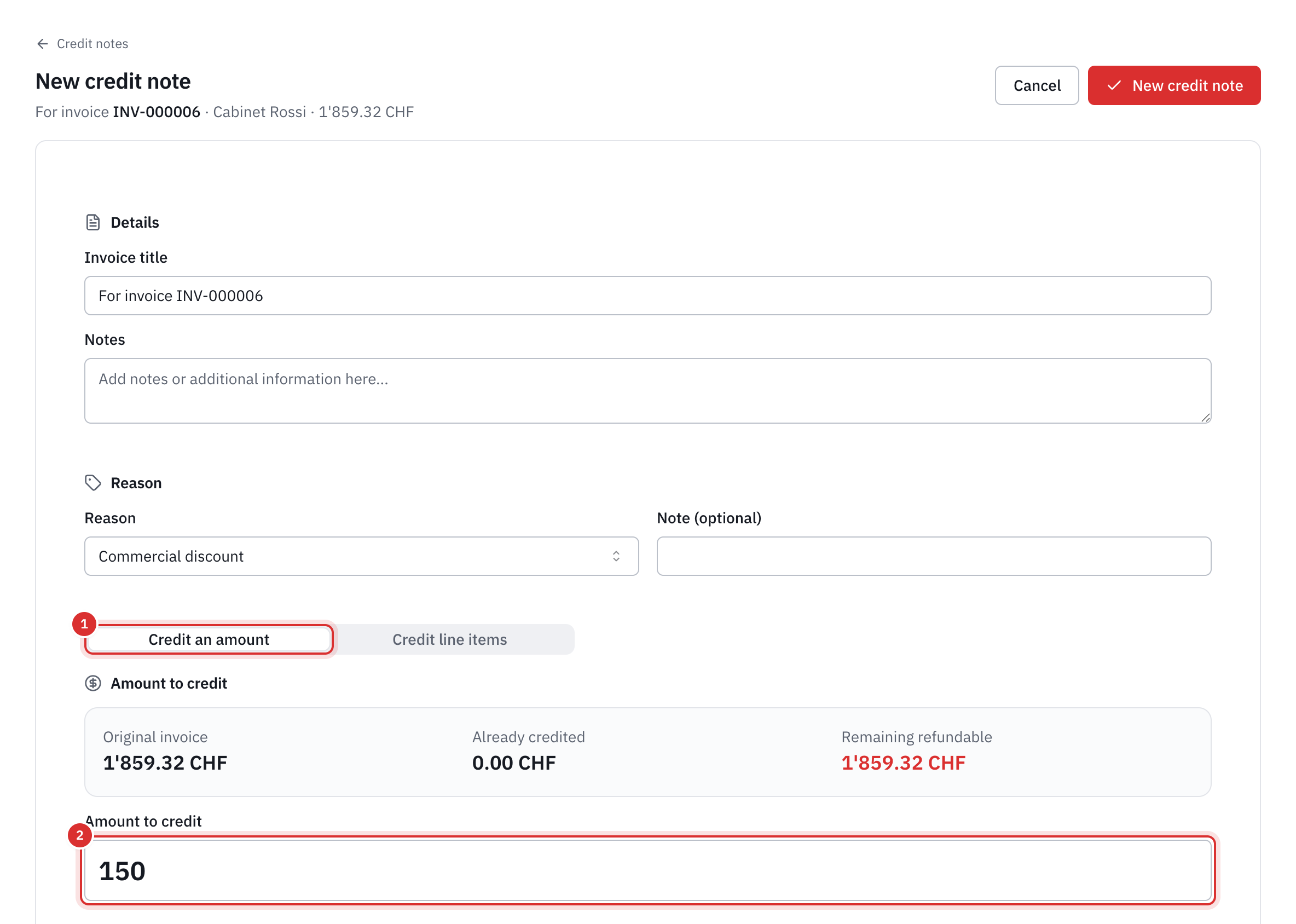 Creating a credit note for an invoice: the title, the notes, the Commercial discount reason, the Credit an amount tab, the original invoice, the amount already credited, the remaining refundable amount and the amount of CHF 150.